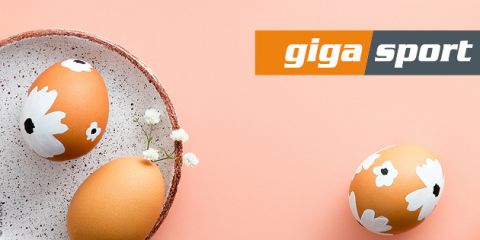 Drei braune Eier, zwei davon mit weißen Blumen verziert, liegen auf einem gesprenkelten Teller auf pfirsichfarbenem Hintergrund. Daneben steht ein kleiner Zweig mit weißen Blumen. Oben rechts ist das „giga sport“-Logo in Orange und Grau zu sehen.