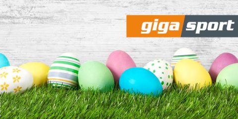 Bunte Ostereier auf Gras vor weißem Holzhintergrund. Die Eier haben verschiedene Muster, darunter Streifen, Punkte und Blumen. Oben rechts befindet sich ein „gigasport“-Logo.