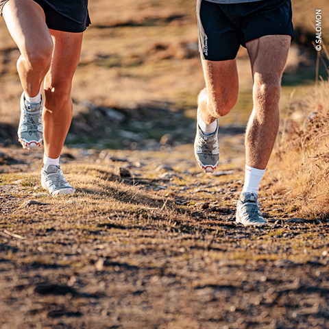 Zwei Personen laufen auf einem Feldweg. Sie tragen Shorts, T-Shirts und graue Trailrunning-Schuhe. Der Boden ist uneben und trocken, das warme Licht lässt auf eine Umgebung am frühen Morgen oder späten Nachmittag schließen.