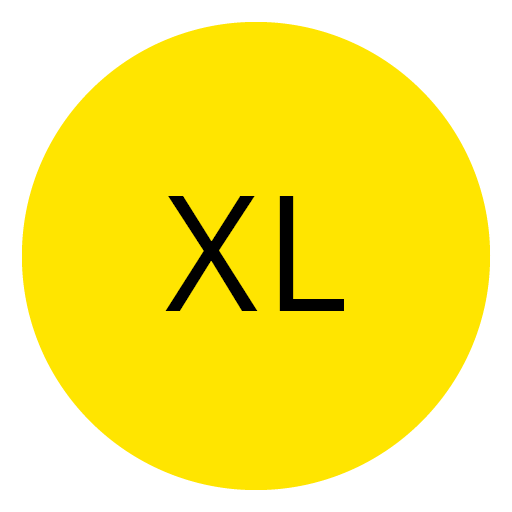 Ein gelber Kreis mit den schwarzen Buchstaben „XL“ in der Mitte weist auf eine extragroße Größe hin.
