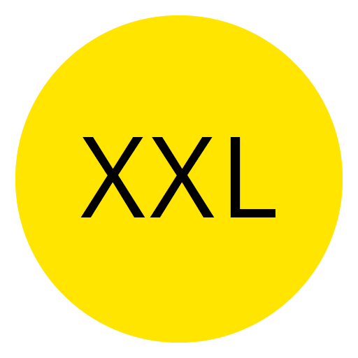 Gelber Kreis mit den Buchstaben „XXL“ in fettem schwarzen Text in der Mitte darin.