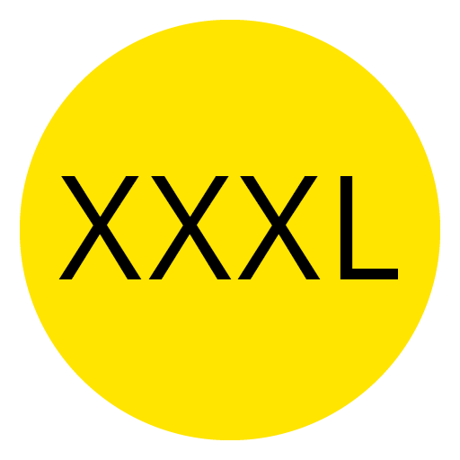 Leuchtend gelber Kreis mit fetten schwarzen Buchstaben „XXXL“ in der Mitte.