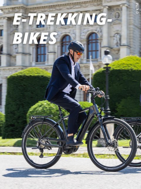Eine Person in Anzug und Helm fährt mit einem E-Trekking-Bike auf einem Stadtweg. Im Hintergrund ist ein kunstvolles Gebäude mit Bogenfenstern und gestutzten Hecken zu sehen. Die Textüberlagerung lautet „E-TREKKING-BIKES“.