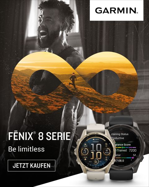 Bild einer Garmin-Werbung für die Fēnix 8-Serie. Das Design zeigt ein Unendlichkeitssymbol mit einer Person, die durch eine Landschaft rennt. Im Hintergrund ist ein jubelnder Mann zu sehen. Unten sind zwei Uhren mit den Aufschriften „Be limitless“ und „Jetzt kaufen“ abgebildet.