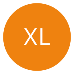 Orangefarbener Kreis mit den Buchstaben „XL“ in Weiß, zentriert darin.
