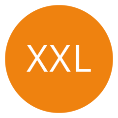 Orangefarbener Kreis mit der Aufschrift „XXL“ in weißen Buchstaben in der Mitte.