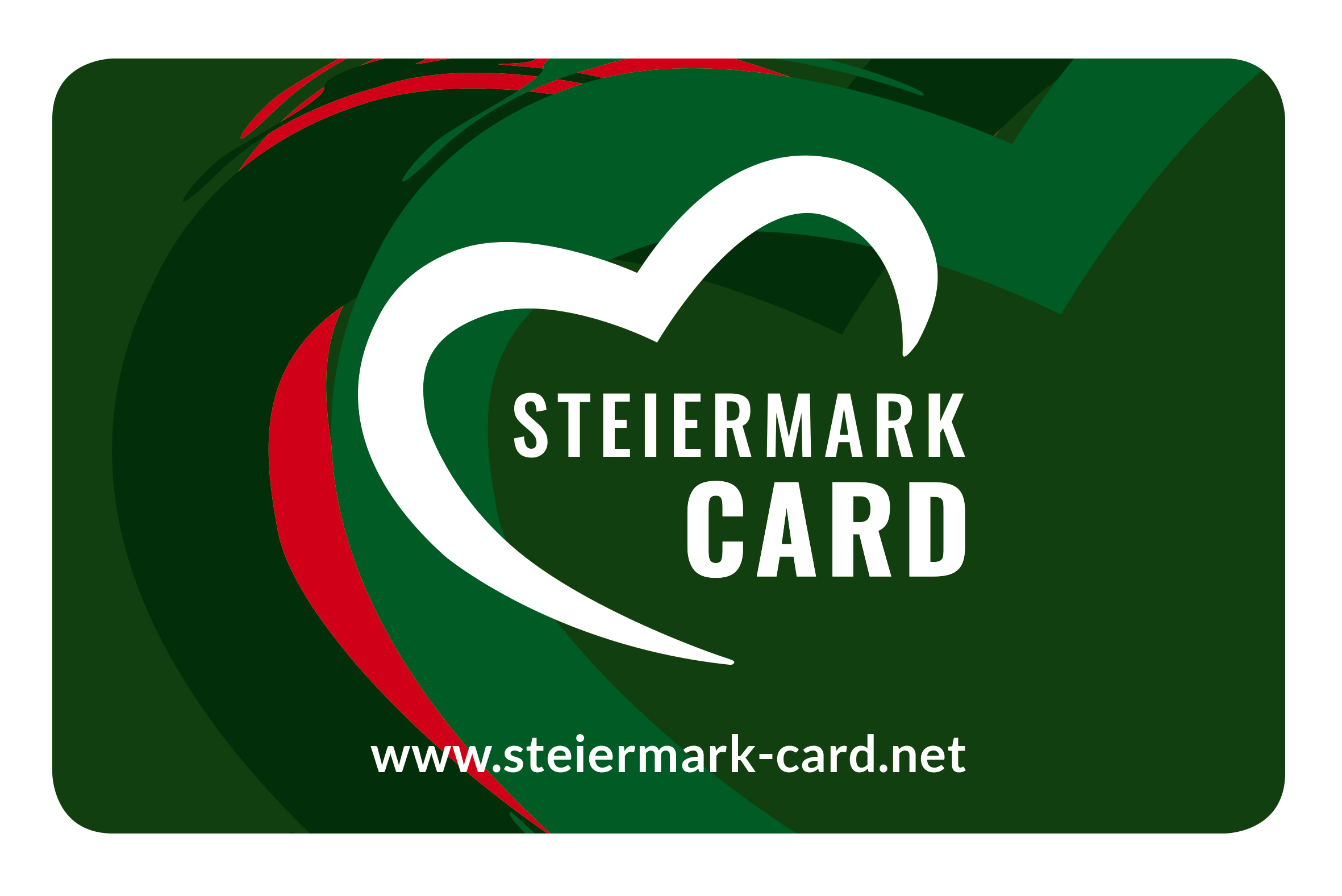 Grüne Karte mit stilisiertem Herzmotiv und dem Text „STEIERMARK CARD“. Darunter befindet sich die Webadresse „www.steiermark-card.net“. Der Hintergrund zeigt abstrakte grüne und rote Formen.