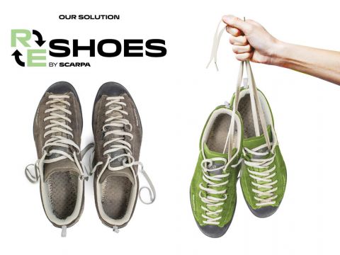 Links ist ein Paar graue Schuhe mit weißen Schnürsenkeln zu sehen. Rechts hält eine Hand ein Paar grüne Schuhe an den Schnürsenkeln. Darüber steht „UNSERE LÖSUNG: RESHOES BY SCARPA“.