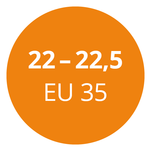 Ein orangefarbener Kreis mit weißem Text mit der Anzeige „22 – 22,5 EU 35“.