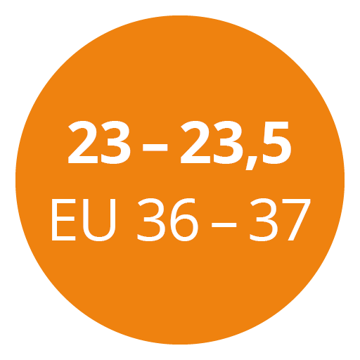 Orangefarbener Kreis mit weißem Text zur Anzeige der Schuhgrößen: „23-23,5“ und „EU 36-37“.