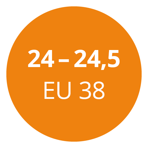 Orangefarbener Kreis mit weißem Text mit der Anzeige „24 – 24,5 EU 38“ als Hinweis auf eine Schuhgrößenumrechnung.
