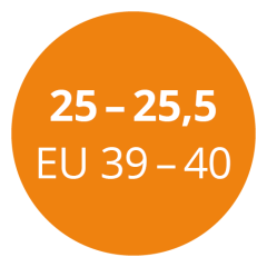 Orangefarbener Kreis mit weißem Text zur Anzeige der Schuhgrößen: „25 – 25,5“ und „EU 39 – 40“.