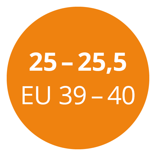 Orangefarbener Kreis mit weißem Text zur Anzeige der Schuhgrößen: „25 – 25,5“ und „EU 39 – 40“.