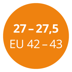 Orangefarbener Kreis mit weißem Text, der den Größenbereich „27 – 27,5“ und „EU 42 – 43“ anzeigt.