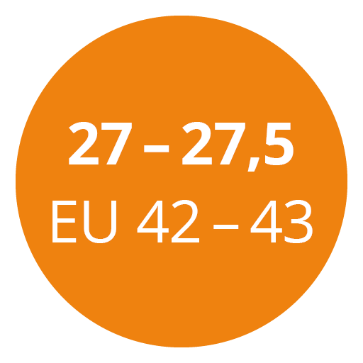 Orangefarbener Kreis mit weißem Text, der den Größenbereich „27 – 27,5“ und „EU 42 – 43“ anzeigt.