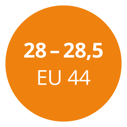 Orangefarbener Kreis mit weißem Text, der einen Schuhgrößenbereich anzeigt: „28 – 28,5“, gefolgt von „EU 44“.