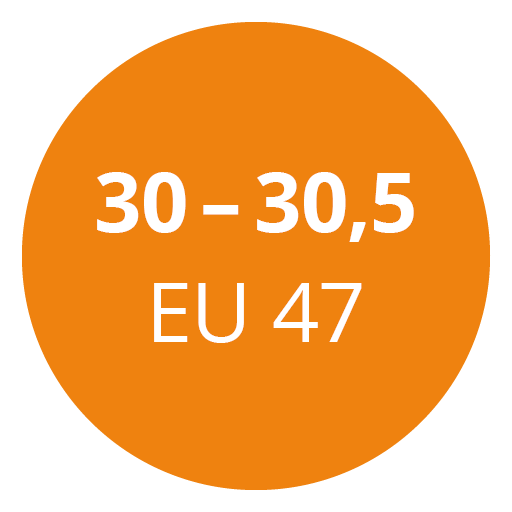 Ein orangefarbener Kreis mit weißem Text mit der Anzeige „30 – 30,5 EU 47“.