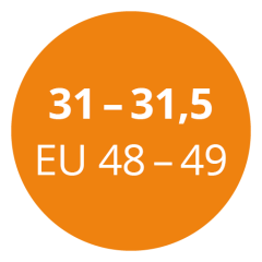 Ein orangefarbener Kreis enthält weißen Text mit den Größenangaben „31 – 31,5 EU 48 – 49“.