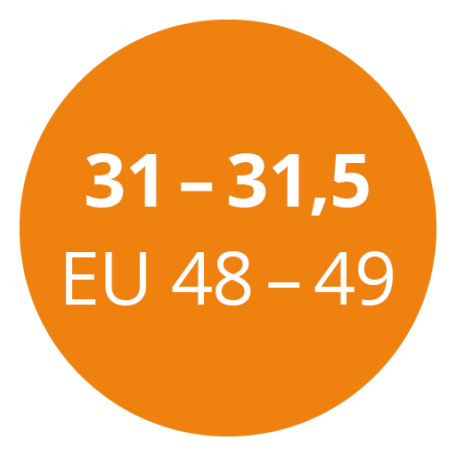 Ein orangefarbener Kreis enthält weißen Text mit den Größenangaben „31 – 31,5 EU 48 – 49“.