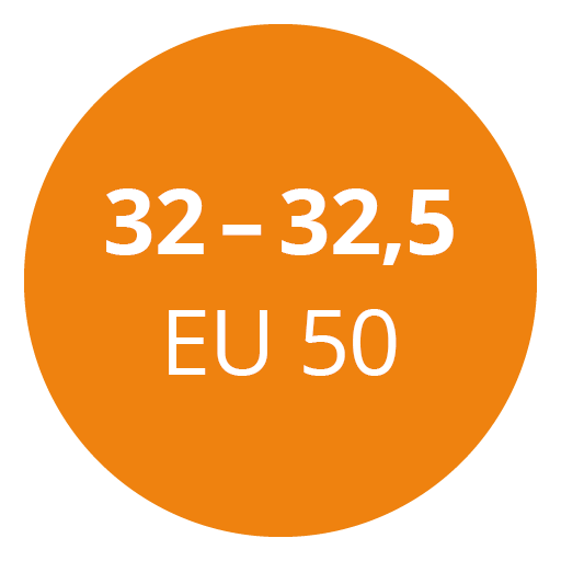 Orangefarbener Kreis mit weißem Text mit der Aufschrift „32 – 32,5 EU 50“.