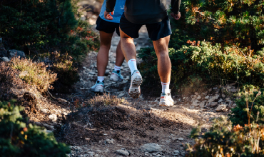 Zwei Personen wandern auf einem steinigen Pfad im Grünen. Sie tragen Sportschuhe und Shorts. Der Weg ist uneben, mit Schmutz- und Steinflecken übersät, und Sonnenlicht fällt durch das Laub.