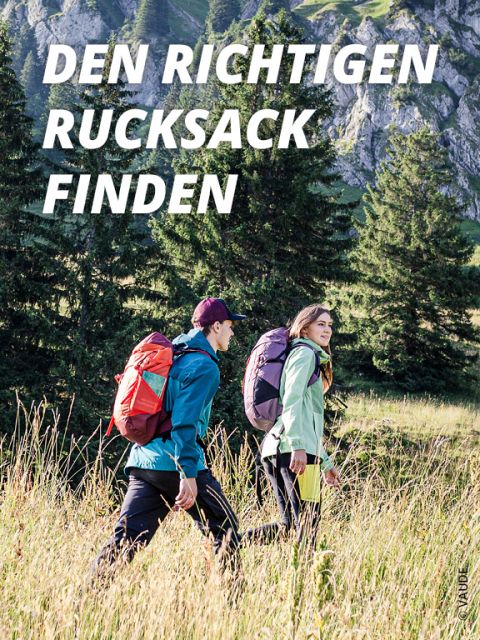 Zwei Wanderer mit Rucksäcken gehen durch eine Wiese mit Nadelbäumen und felsigen Hügeln im Hintergrund. Oben steht der Text „DEN RICHTIGEN RUCKSACK FINDEN“.