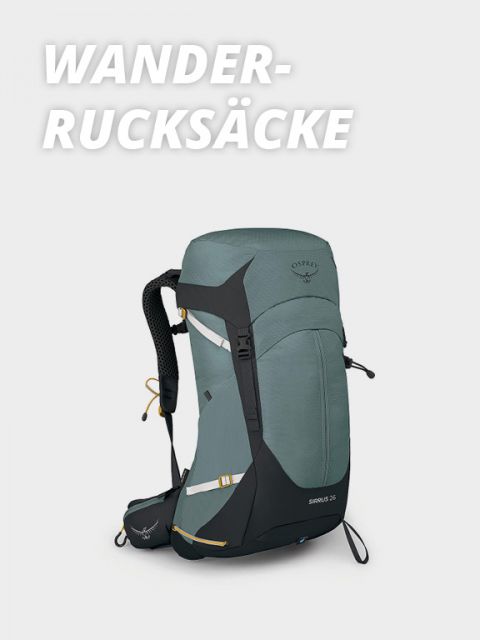 Auf hellgrauem Hintergrund ist ein grün-schwarzer Wanderrucksack mit mehreren Riemen und Fächern abgebildet. Oberhalb des Rucksacks ist in fetten weißen Buchstaben der Text „WANDER-RUCKSÄCKE“ zu lesen.