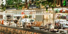 Eine stilvolle Bar mit einer Theke, dekoriert mit Pflanzen, Gläsern und verschiedenen Getränken. Auf den Regalen dahinter werden Flaschen, Gläser und Mixer präsentiert. Das Ambiente ist warm und einladend mit einem Mix aus modernen und natürlichen Elementen.