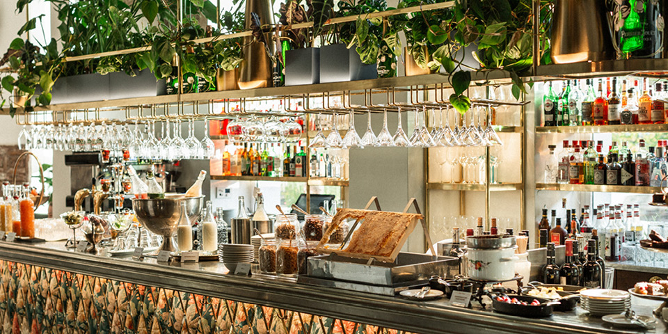 Eine stilvolle Bar mit einer Theke, dekoriert mit Pflanzen, Gläsern und verschiedenen Getränken. Auf den Regalen dahinter werden Flaschen, Gläser und Mixer präsentiert. Das Ambiente ist warm und einladend mit einem Mix aus modernen und natürlichen Elementen.