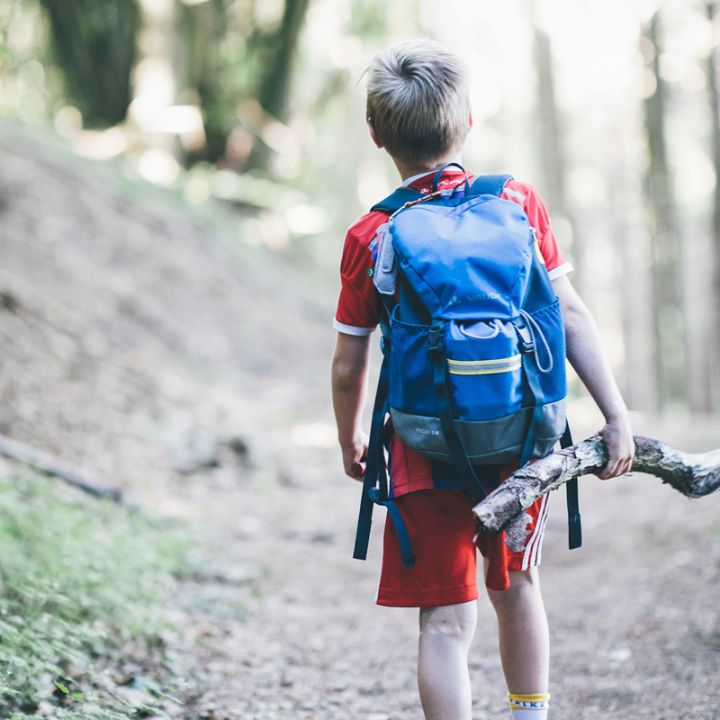 Ein Kind mit einem blauen Rucksack läuft einen Waldweg entlang und hält einen großen Stock in der Hand. Es trägt ein rotes Hemd und Shorts. Sonnenlicht fällt durch die Bäume und beleuchtet den Weg.