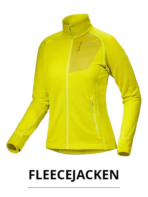 Leuchtend gelbe Fleecejacke mit Frontreißverschluss, hohem Kragen und zwei Seitentaschen. Geeignet für Outdoor-Aktivitäten. Der Text unten lautet: „Fleecejacken“.