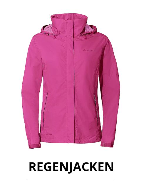 Rosa Regenjacke mit Kapuze auf weißem Hintergrund, darunter das Wort „REGENJACKEN“ in fetter schwarzer Schrift.