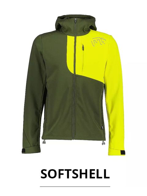 Grün-gelbe Softshelljacke mit Kapuze und durchgehendem Reißverschluss. Sie verfügt über eine kleine Brusttasche mit Reißverschluss und verstellbare Bündchen. Das Markenlogo befindet sich in der oberen rechten Ecke. Unter dem Bild steht der Schriftzug „SOFTSHELL“.