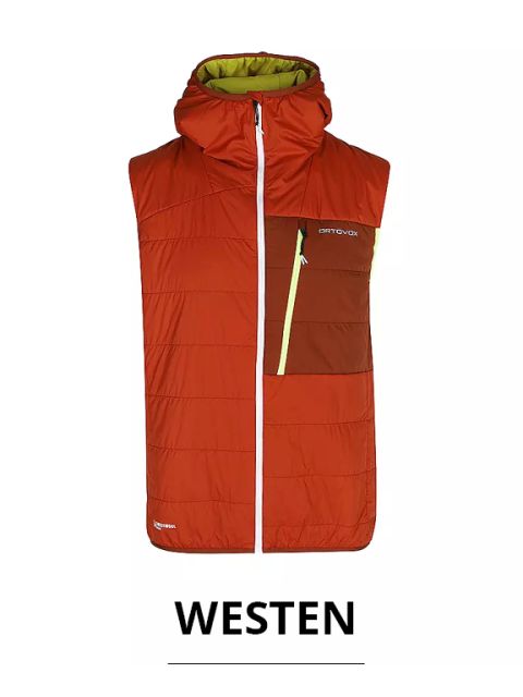 Eine ärmellose, orangefarbene Weste mit Reißverschluss, brauner Brusttasche und Kapuze. Die Weste hat einen weißen Reißverschluss und ein grünes Innenfutter. Der Markenname ist auf der Tasche sichtbar. Unter dem Bild steht der Schriftzug „WESTEN“.