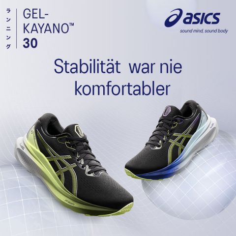 Eine Anzeige für ASICS GEL-KAYANO™ 30 Schuhe, die die revolutionären Sneaker bei Gigasport präsentiert. Der Text lautet „Stabilität war nie komfortabler“, mit dem ASICS-Logo und dem Slogan „gesunder Geist, gesunder Körper“.