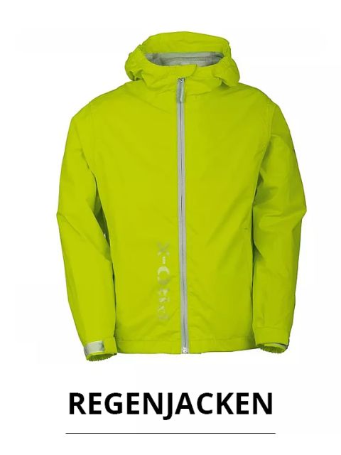 Leuchtend gelbe Regenjacke mit Kapuze und reflektierenden Elementen auf weißem Untergrund. Unter der Jacke ist der Schriftzug „REGENJACKEN“ aufgedruckt.