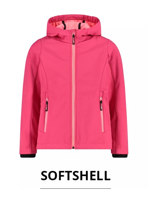 Eine rosa Softshelljacke mit Frontreißverschluss und Kapuze ist auf weißem Hintergrund abgebildet. Die Jacke verfügt über zwei Seitentaschen mit Reißverschlüssen. Unter dem Bild ist in fetten Buchstaben „SOFTSHELL“ zu lesen.