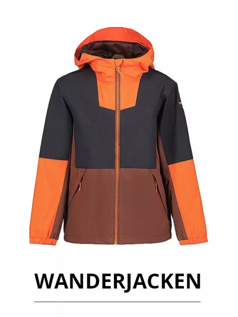 Eine mehrfarbige Outdoorjacke mit orangefarbenen, schwarzen und braunen Einsätzen, Kapuze und Reißverschluss. Unter der Jacke steht der Schriftzug „WANDERJACKEN“.