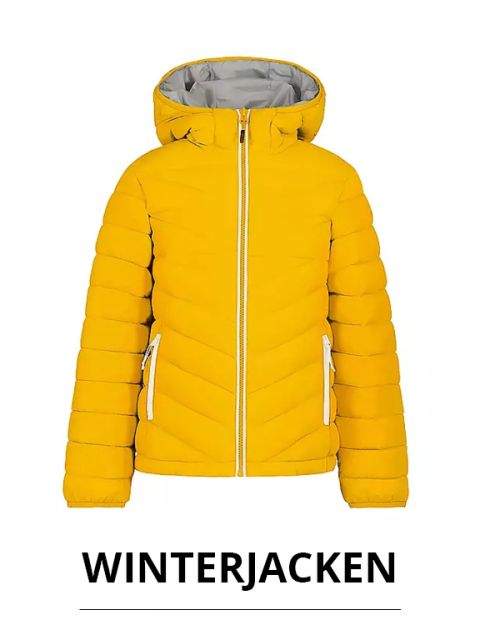 Eine leuchtend gelbe Pufferjacke mit Kapuze und weißen Reißverschlussdetails ist auf weißem Hintergrund abgebildet. Unter der Jacke steht der Text „WINTERJACKEN“.