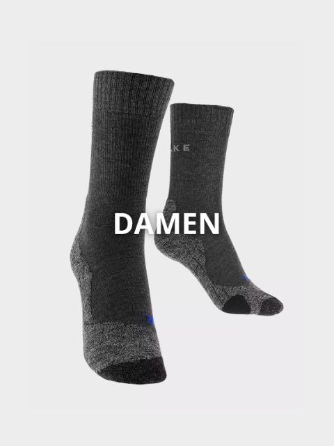 Ein Paar dunkelgraue Socken mit hellgrauen Akzenten ist vor einem schlichten weißen Hintergrund abgebildet. Das Wort „DAMEN“ ist in fetten weißen Buchstaben über das Bild gelegt.