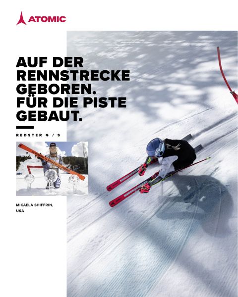 Ein Skifahrer in weiß-schwarzem Outfit rast auf Schnee bergab, aufgenommen von oben. Der deutsche Text lautet: „Auf der Rennstrecke geboren. Für die Piste gebaut.“ Ein Ausschnitt zeigt einen Skifahrer mit Skiern.