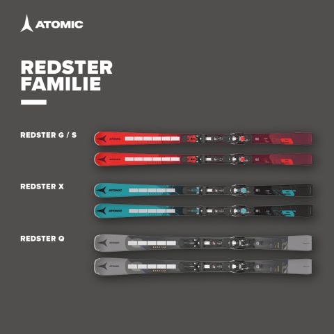 Das Bild zeigt sechs Atomic-Skimodelle vor dunkelgrauem Hintergrund. Die Modelle der „Redster Familie“ umfassen Redster G/S, Redster X und Redster Q, jeweils in unterschiedlichen Farben und Designs.