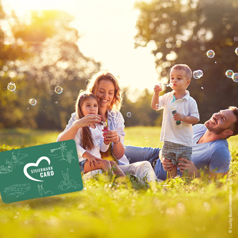 Eine vierköpfige Familie sitzt auf einer Wiese in einem sonnigen Park und macht Seifenblasen. Sie wirken fröhlich und entspannt. Eine Einblendung zeigt eine Steiermark-Karte mit Illustrationen von Outdoor-Aktivitäten.