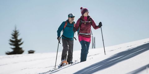 Zwei Personen wandern mit Trekkingstöcken bergauf durch eine verschneite Landschaft. Einer trägt eine türkisfarbene Jacke, der andere eine rosa Jacke und eine Mütze. Links steht ein schneebedeckter Baum unter einem strahlend blauen Himmel.