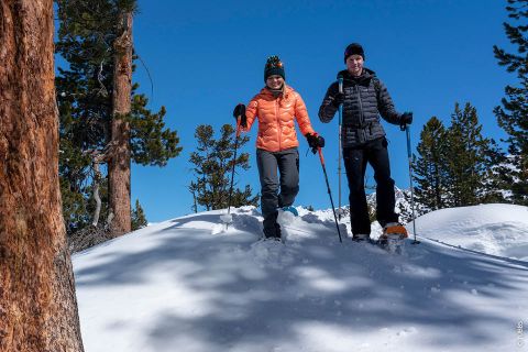 Zwei Personen in Winterkleidung wandern mit Schneeschuhen an einem sonnigen, verschneiten Hang. Die Person links trägt eine orangefarbene Jacke, die rechte eine schwarze. Im Hintergrund sind schneebedeckte Bäume und ein strahlend blauer Himmel zu sehen.
