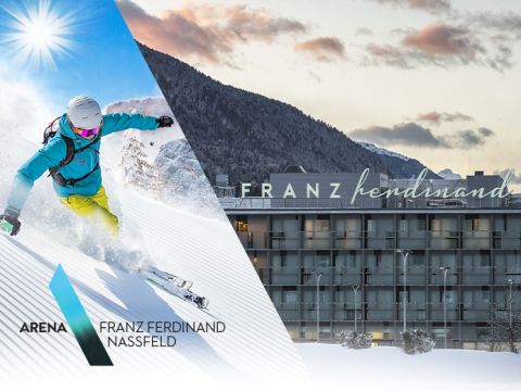 Geteiltes Bild: Links ist ein Skifahrer in Aktion zu sehen. Er trägt eine türkisfarbene Jacke und eine gelbe Hose auf einem sonnenbeschienenen, verschneiten Hang. Rechts ist das Hotel Franz Ferdinand Nassfeld mit einer Bergkulisse unter einem bewölkten Himmel zu sehen. Das Hotellogo befindet sich unten.