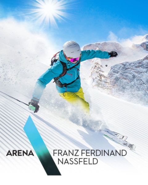 Ein Skifahrer in leuchtend grüner Hose und blaugrüner Jacke fährt unter sonnigem, klarem Himmel einen verschneiten Hang hinunter. Im Hintergrund sind schneebedeckte Berge zu sehen. Unten steht „Arena Franz Ferdinand Nassfeld“.
