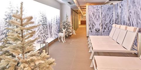 Eine winterliche Innenszene mit bereiften künstlichen Bäumen und einer weißen Hirschfigur. Der Bereich ist mit modernen weißen Bänken gesäumt und sanft beleuchtet. Schneewaldmotive schmücken die Wände und schaffen eine ruhige Atmosphäre.