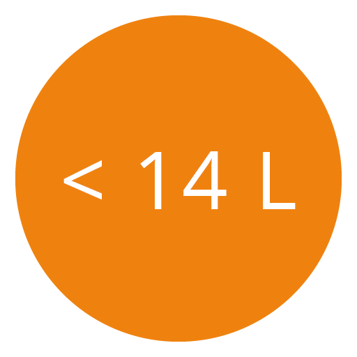 Orangefarbener Kreis mit weißem Text mit der Anzeige „< 14 L“.