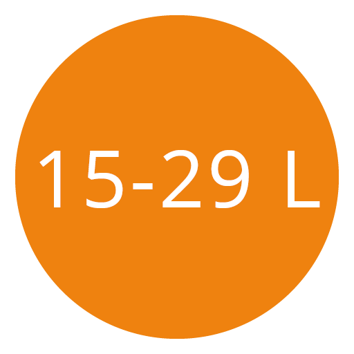 Orangefarbener Kreis mit weißem Text, der lautet: „15–29 L.“.